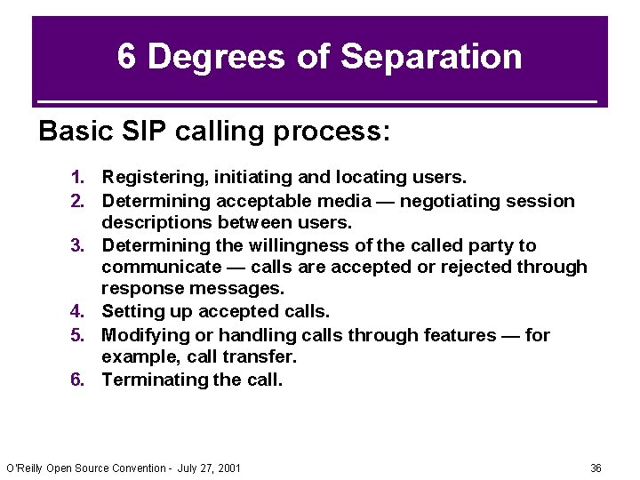 6 Degrees of Separation Basic SIP calling process: 1. Registering, initiating and locating users. 6 Degrees of Separation Basic SIP calling process: 1. Registering, initiating and locating users.