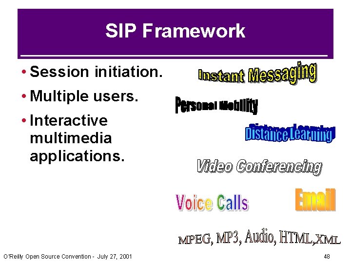 SIP Framework • Session initiation. • Multiple users. • Interactive multimedia applications. O’Reilly Open SIP Framework • Session initiation. • Multiple users. • Interactive multimedia applications. O’Reilly Open