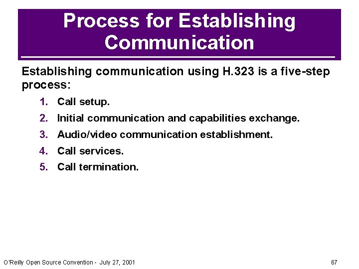 Process for Establishing Communication Establishing communication using H. 323 is a five-step process: 1. Process for Establishing Communication Establishing communication using H. 323 is a five-step process: 1.