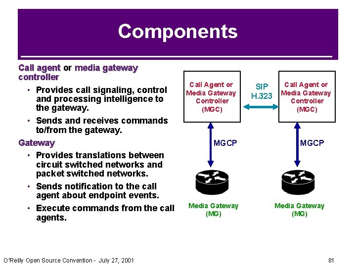 Components Call agent or media gateway controller • Provides call signaling, control and processing Components Call agent or media gateway controller • Provides call signaling, control and processing
