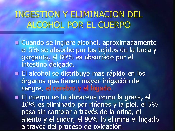 INGESTION Y ELIMINACION DEL ALCOHOL POR EL CUERPO Cuando se ingiere alcohol, aproximadamente el INGESTION Y ELIMINACION DEL ALCOHOL POR EL CUERPO Cuando se ingiere alcohol, aproximadamente el