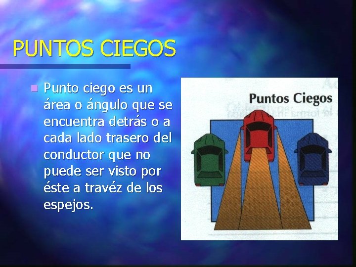 PUNTOS CIEGOS n Punto ciego es un área o ángulo que se encuentra detrás PUNTOS CIEGOS n Punto ciego es un área o ángulo que se encuentra detrás