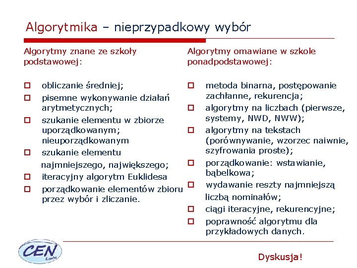 Algorytmika – nieprzypadkowy wybór Algorytmy znane ze szkoły podstawowej: Algorytmy omawiane w szkole ponadpodstawowej: