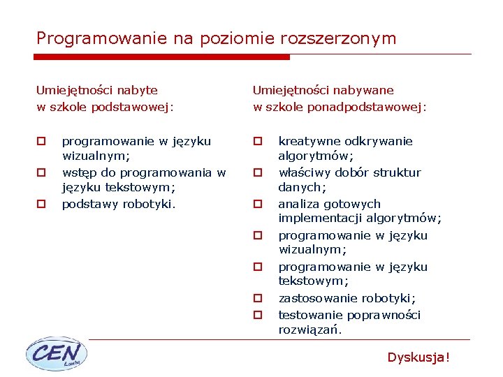 Programowanie na poziomie rozszerzonym Umiejętności nabyte w szkole podstawowej: o o o programowanie w