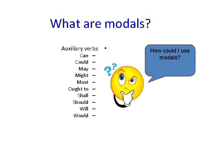 What are modals? Auxiliary verbs • Can Could May Might Must Ought to Shall