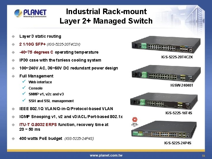 Industrial Rack-mount Layer 2+ Managed Switch u Layer 3 static routing u 2 1/10