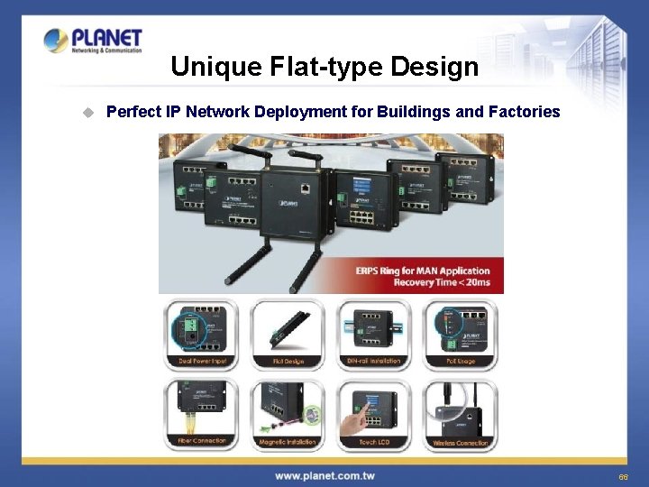 Unique Flat-type Design u Perfect IP Network Deployment for Buildings and Factories 66 