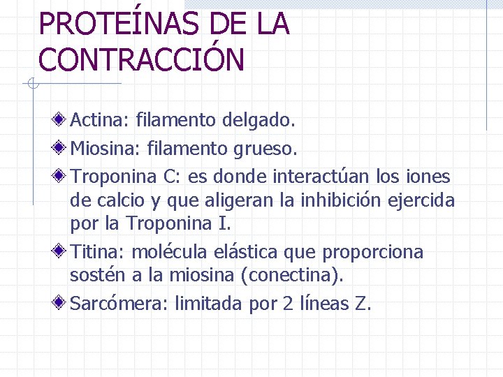 PROTEÍNAS DE LA CONTRACCIÓN Actina: filamento delgado. Miosina: filamento grueso. Troponina C: es donde