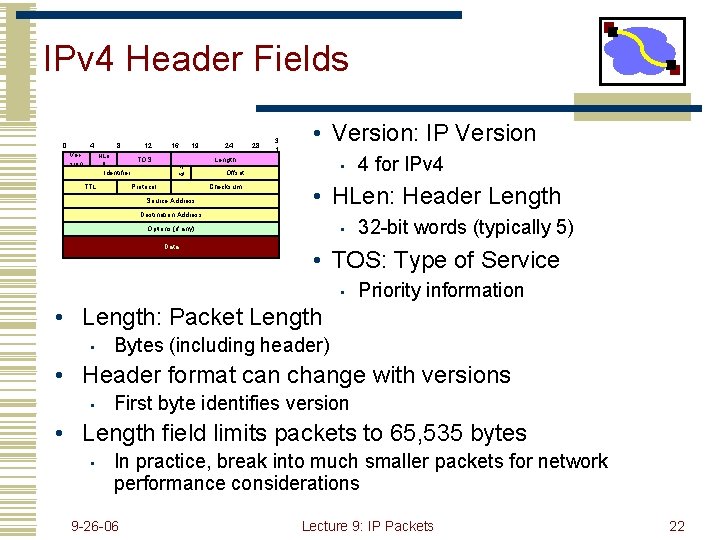 IPv 4 Header Fields 0 4 version 8 HLe n 12 16 19 TOS