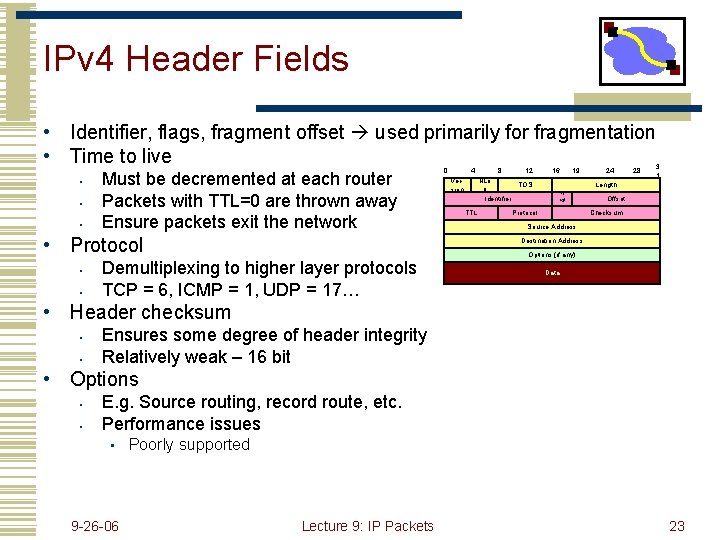 IPv 4 Header Fields • Identifier, flags, fragment offset used primarily for fragmentation •