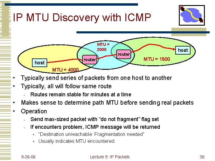 IP MTU Discovery with ICMP MTU = 2000 router host MTU = 1500 MTU