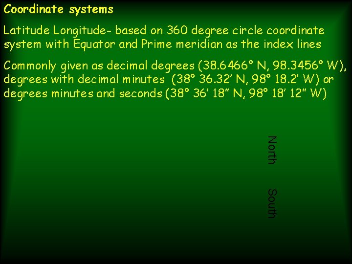 Coordinate systems Latitude Longitude- based on 360 degree circle coordinate system with Equator and