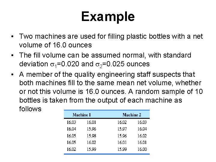Example • Two machines are used for filling plastic bottles with a net volume