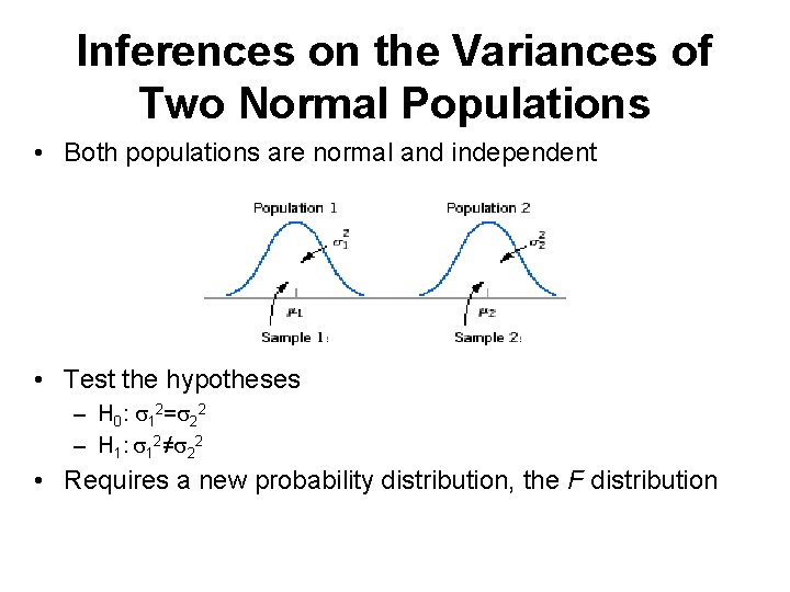 Inferences on the Variances of Two Normal Populations • Both populations are normal and