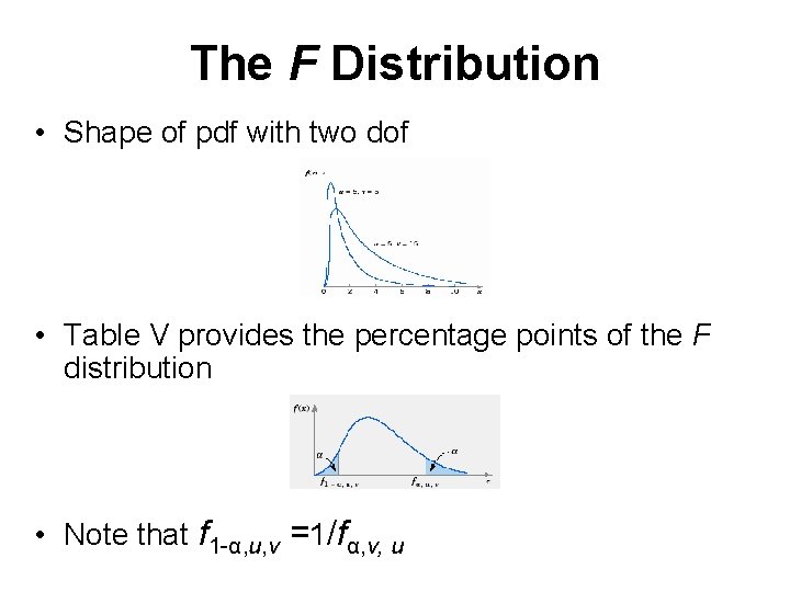 The F Distribution • Shape of pdf with two dof • Table V provides