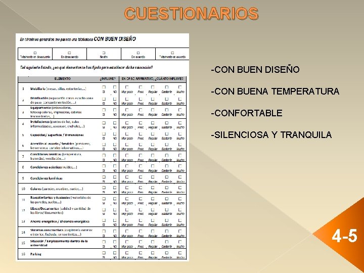 CUESTIONARIOS -CON BUEN DISEÑO -CON BUENA TEMPERATURA -CONFORTABLE -SILENCIOSA Y TRANQUILA 4 -5 
