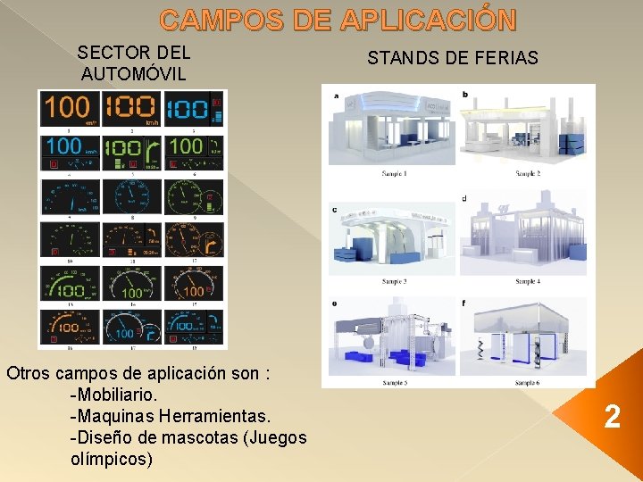 CAMPOS DE APLICACIÓN SECTOR DEL AUTOMÓVIL Otros campos de aplicación son : -Mobiliario. -Maquinas