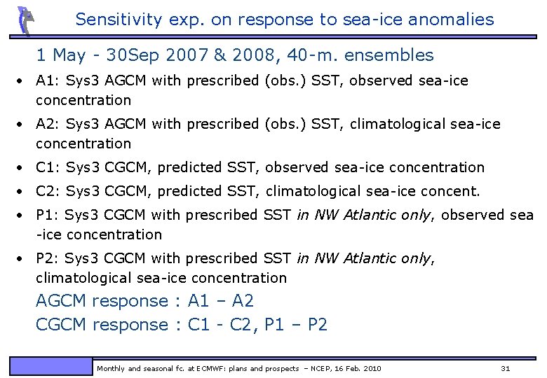Sensitivity exp. on response to sea-ice anomalies 1 May - 30 Sep 2007 &