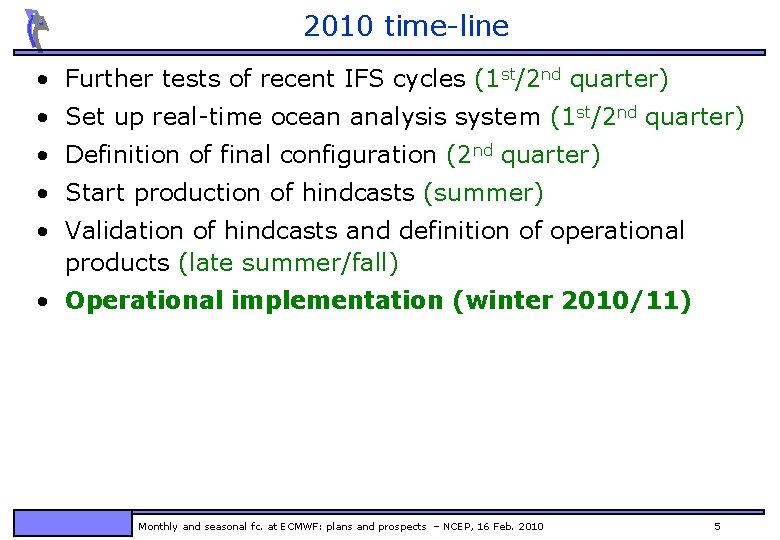 2010 time-line • Further tests of recent IFS cycles (1 st/2 nd quarter) •