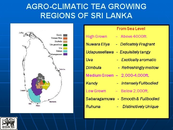 AGRO-CLIMATIC TEA GROWING REGIONS OF SRI LANKA 