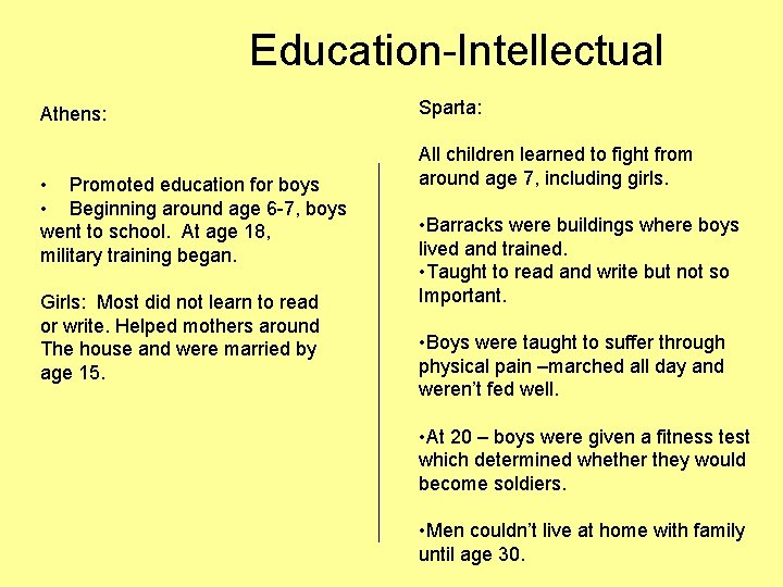 Education-Intellectual Athens: • Promoted education for boys • Beginning around age 6 -7, boys