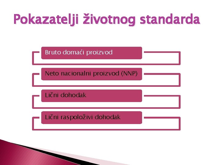 Pokazatelji životnog standarda Bruto domaći proizvod Neto nacionalni proizvod (NNP) Lični dohodak Lični raspoloživi