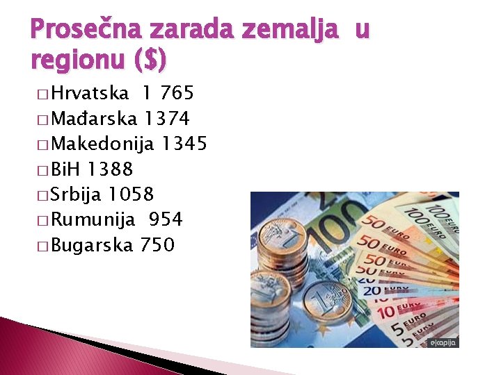 Prosečna zarada zemalja u regionu ($) � Hrvatska 1 765 � Mađarska 1374 �