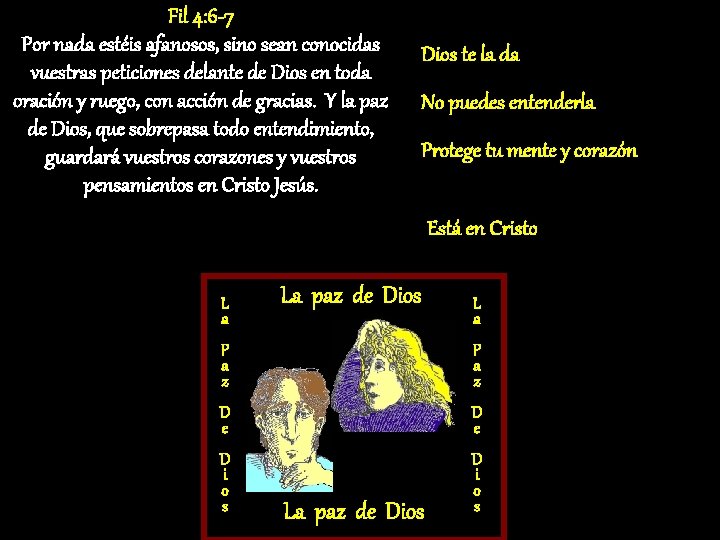 Fil 4: 6 -7 Por nada estéis afanosos, sino sean conocidas vuestras peticiones delante