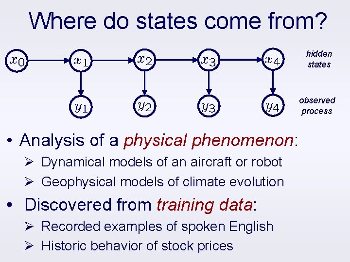 Where do states come from? hidden states observed process • Analysis of a physical