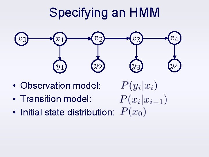 Specifying an HMM • Observation model: • Transition model: • Initial state distribution: 