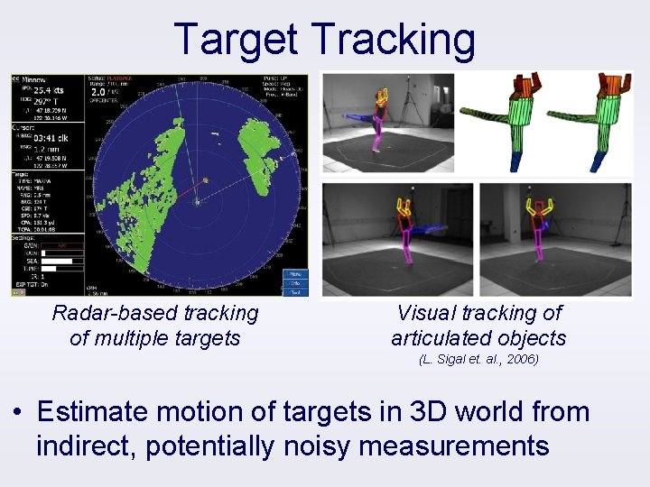 Target Tracking Radar-based tracking of multiple targets Visual tracking of articulated objects (L. Sigal