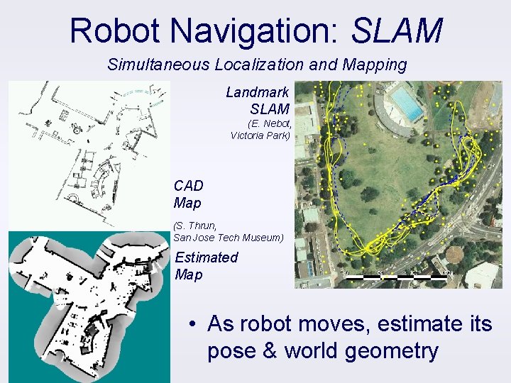 Robot Navigation: SLAM Simultaneous Localization and Mapping Landmark SLAM (E. Nebot, Victoria Park) CAD
