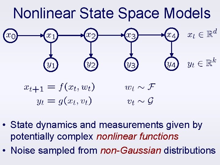 Nonlinear State Space Models • State dynamics and measurements given by potentially complex nonlinear