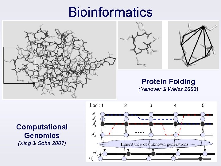 Bioinformatics Protein Folding (Yanover & Weiss 2003) Computational Genomics (Xing & Sohn 2007) 