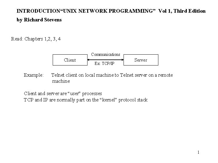 INTRODUCTION“UNIX NETWORK PROGRAMMING” Vol 1, Third Edition by Richard Stevens Read: Chapters 1, 2,