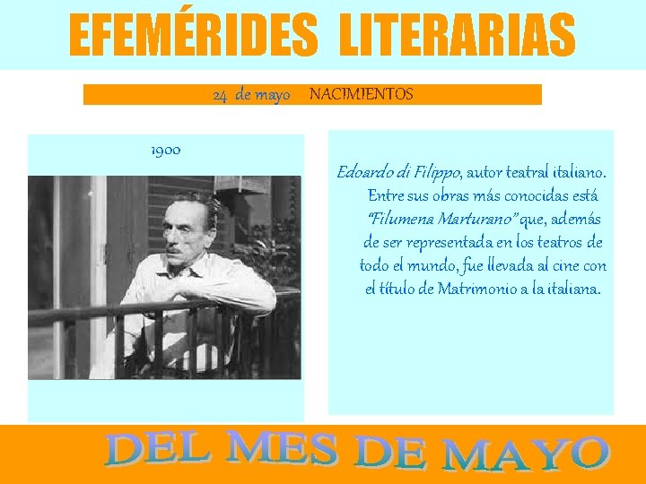 EFEMÉRIDES LITERARIAS 24 de mayo NACIMIENTOS 1900 Edoardo di Filippo, autor teatral italiano. Entre