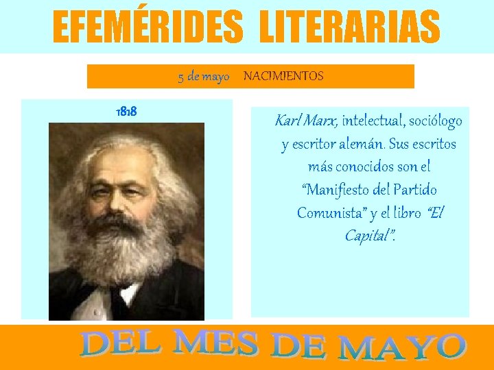 EFEMÉRIDES LITERARIAS 5 de mayo NACIMIENTOS 1818 Karl Marx, intelectual, sociólogo y escritor alemán.