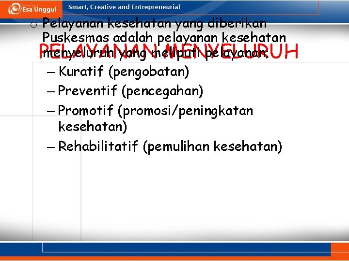 o Pelayanan kesehatan yang diberikan Puskesmas adalah pelayanan kesehatan menyeluruh yang meliputi pelayanan; PELAYANAN