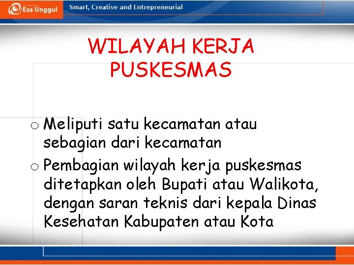 WILAYAH KERJA PUSKESMAS o Meliputi satu kecamatan atau sebagian dari kecamatan o Pembagian wilayah