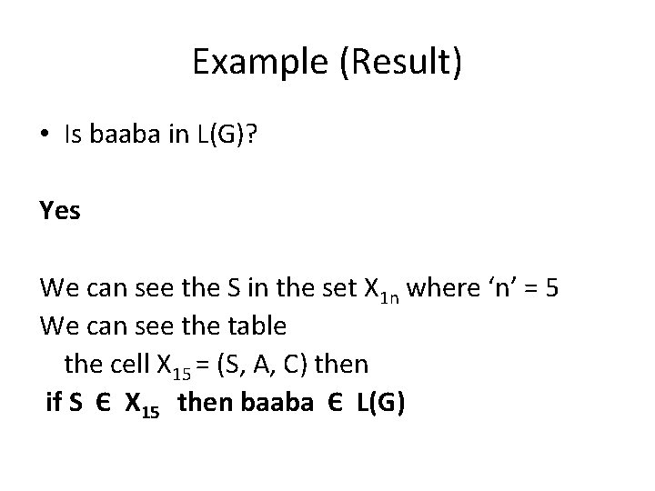 Example (Result) • Is baaba in L(G)? Yes We can see the S in