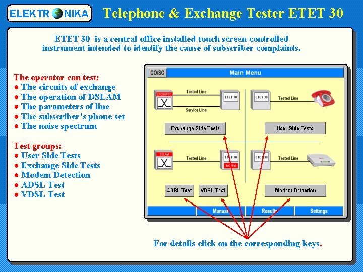 ELEKTR NIKA Telephone & Exchange Tester ETET 30 is a central office installed touch