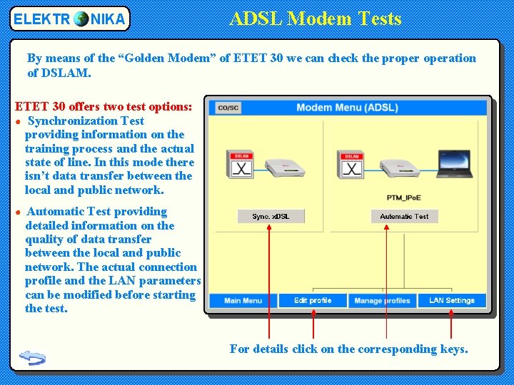 ELEKTR NIKA ADSL Modem Tests By means of the “Golden Modem” of ETET 30