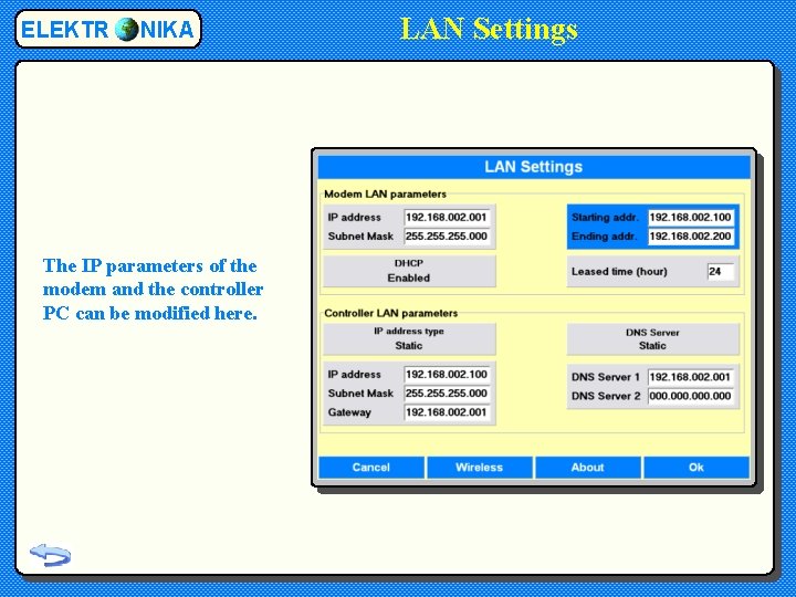 ELEKTR NIKA The IP parameters of the modem and the controller PC can be