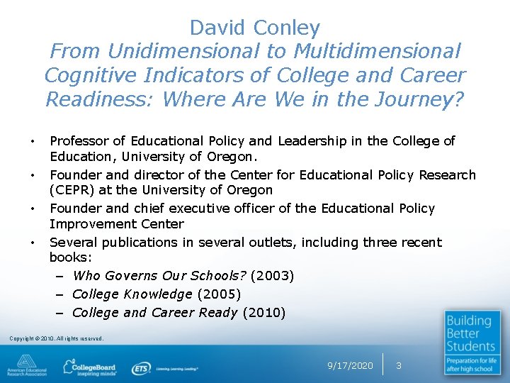 David Conley From Unidimensional to Multidimensional Cognitive Indicators of College and Career Readiness: Where