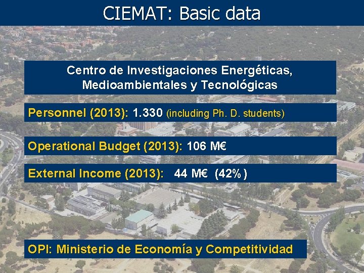 CIEMAT: Basic data Centro de Investigaciones Energéticas, Medioambientales y Tecnológicas Personnel (2013): 1. 330