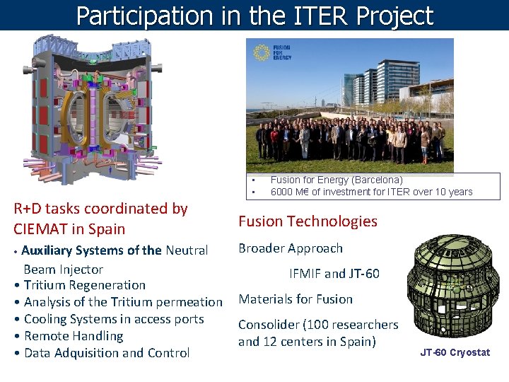 Participation in the ITER Project • • Fusion for Energy (Barcelona) 6000 M€ of