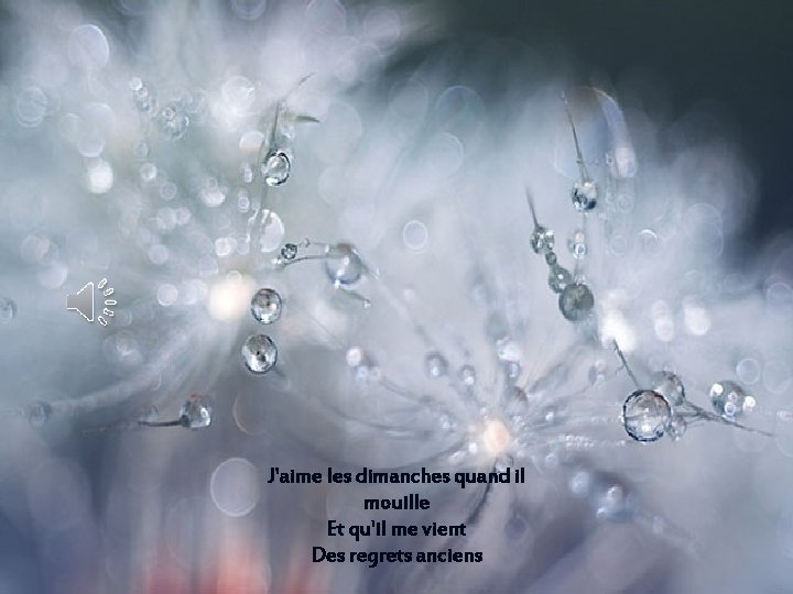 J'aime les dimanches quand il mouille Et qu'il me vient Des regrets anciens J'aime les dimanches quand il mouille Et qu'il me vient Des regrets anciens