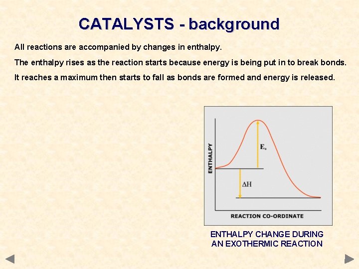 CATALYSTS - background All reactions are accompanied by changes in enthalpy. The enthalpy rises CATALYSTS - background All reactions are accompanied by changes in enthalpy. The enthalpy rises