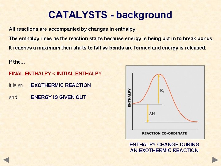 CATALYSTS - background All reactions are accompanied by changes in enthalpy. The enthalpy rises CATALYSTS - background All reactions are accompanied by changes in enthalpy. The enthalpy rises