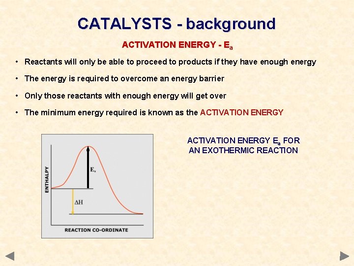 CATALYSTS - background ACTIVATION ENERGY - Ea • Reactants will only be able to CATALYSTS - background ACTIVATION ENERGY - Ea • Reactants will only be able to